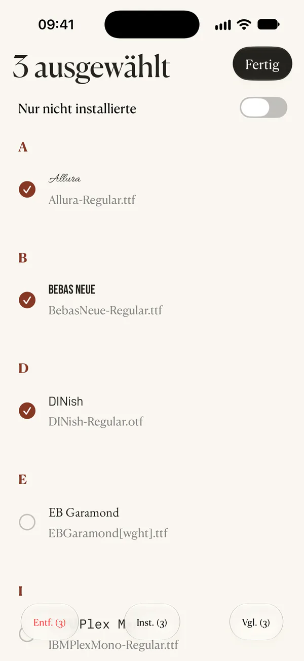 Die Schriftauswahl in FondFont. Die Taste „Inst.“ befindet sich unten auf dem Bildschirm.